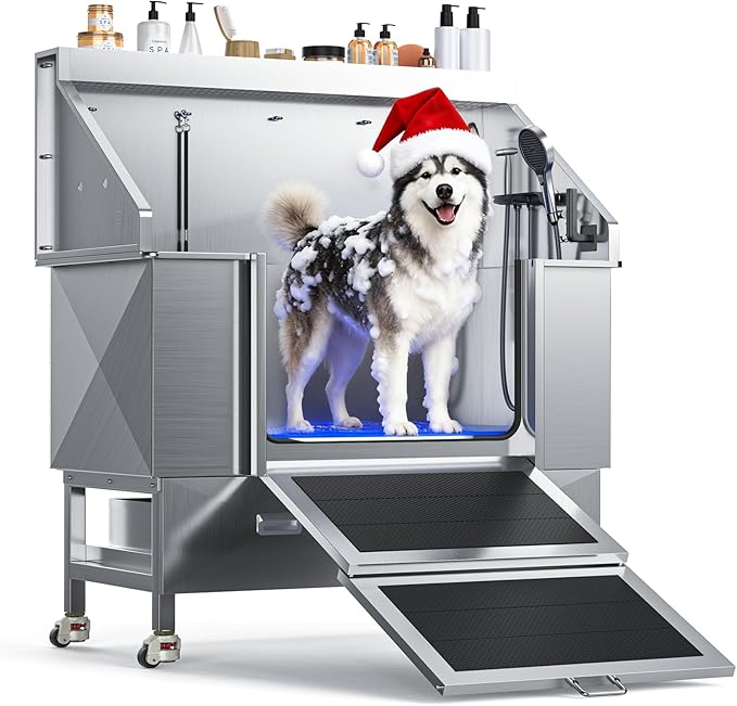 50'' Dog Bathing Station - 304 Stainless Steel, Leak-Proof Deep Soak, Dog Bathing Station, 27.4" Wide Ramp, Swivel Wheels, Dog Grooming Tub, Piano-Key Faucet, 2 Drawers for Medium & Small Pets