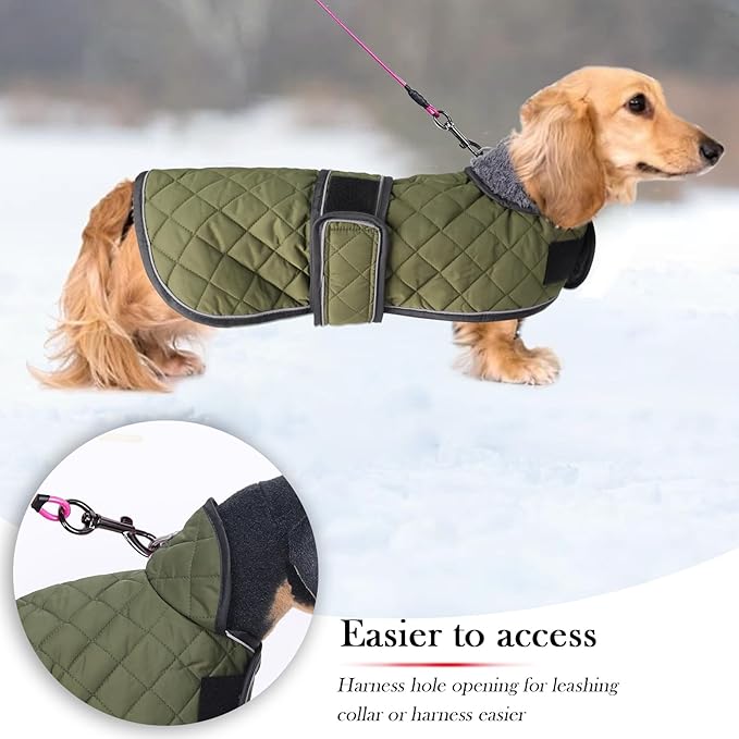 Warm Thermal Quilted Dachshund Coat,Dog Winter Coat with Warm Fleece Lining,Outdoor Dog Apparel with Adjustable Bands for Medium Dog-Army Green-L