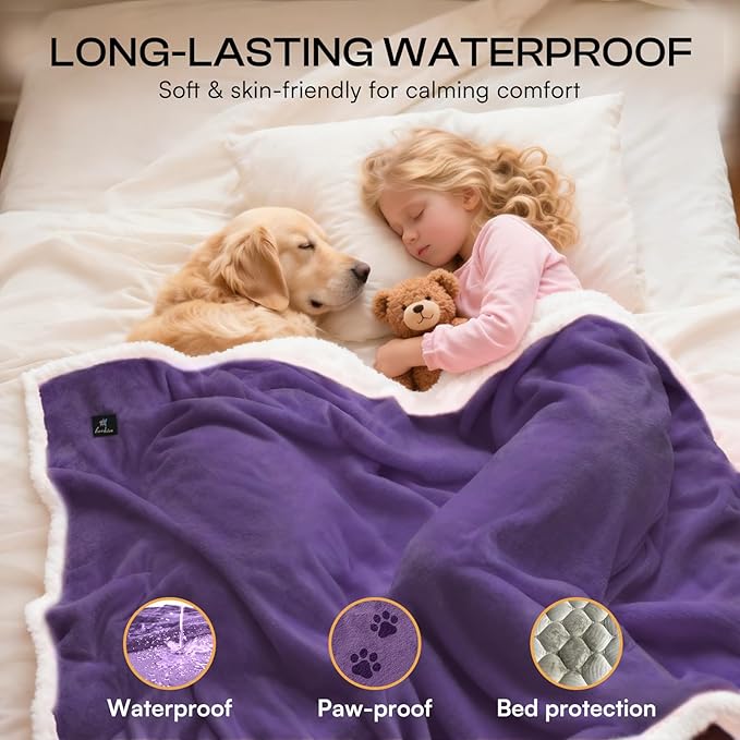 Luciphia Waterproof Bed Blanket Washable,Soft Sherpa Fleece Puppy Reversible Throw Blankets for Small Dog Cat,Furniture Cover Protector Couch Bed from Liquid Pee and Pet Fur, Purple White, 40" x 28"