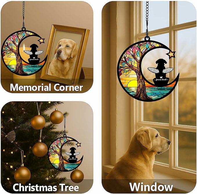 Personalized Loss of Dog Sympathy Gift, Custom Dog Memorial Suncatcher, Dog Memorial Gift, Loss of Dog Gift, Pet Remembrance Gift, 5.2" (Tree & Sea)