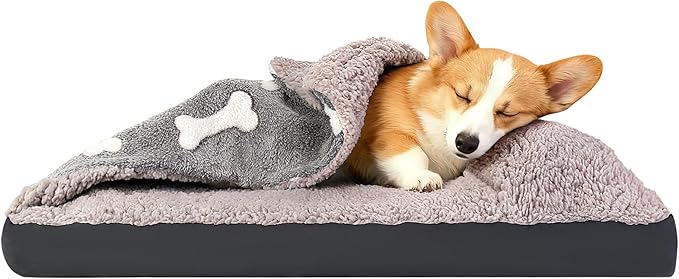 Dog Bed with Pillow and Blanket Attached, 30''X20'' Rectangle Cozy Dog Bed with Cover Cave & Removable Washable Cover for Crate Furniture, Soft Indoor Covered Calming Burrow Sofa for Small Medium Pet