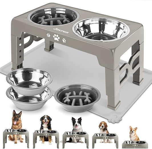 Elevated Dog Bowls, Dog Feeder with Stainless Steel Dishes & Slow Feeder Bowl, 5 Heights Adjustable Raised Stand for Medium Large, Food Dishes with Non-Slip Feet