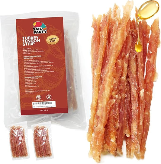 TailParty Turkey Tendons for Dogs with Fish Oil & Taurine: 1 lb All Natural Dental Chew Stick & Puppy Training Treats Long Lasting Snack for Health-Conscious Pet Owners(Strip)