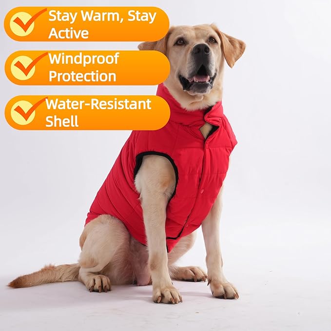 LovinPet Reversible Dog Puffer Coat for Medium & Large Dogs, Down‑Insulated Winter Jacket, Water‑Resistant & Wind‑Resistant, Anti‑Static, Dual-Sided Black & Red for Cold Weather,XL