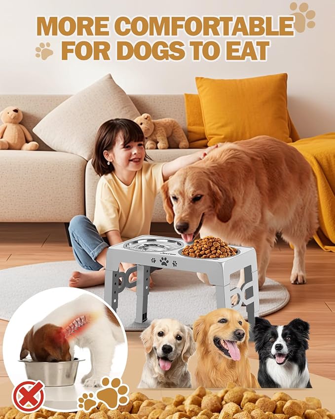 Elevated Dog Bowls, Dog Feeder with Stainless Steel Dishes & Slow Feeder Bowl, 5 Heights Adjustable Raised Stand for Medium Large, Food Dishes with Non-Slip Feet