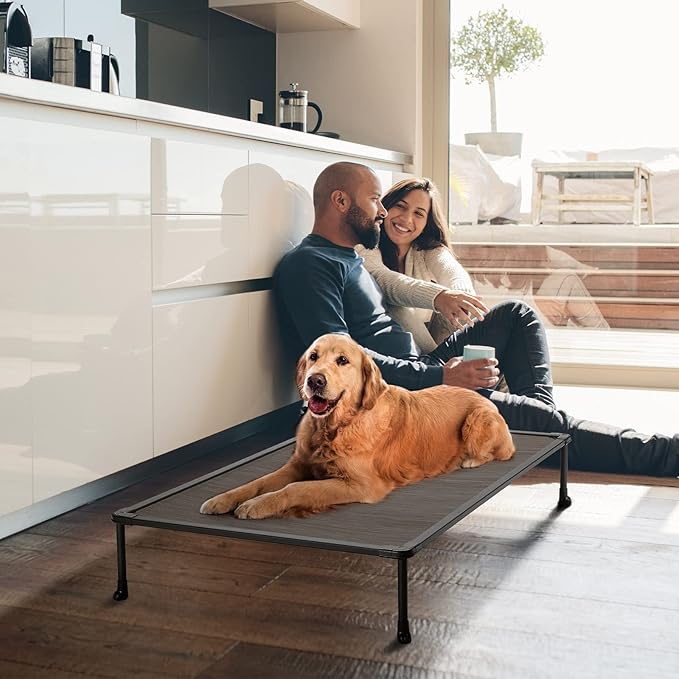 Veehoo Chewproof Elevated Dog Bed - Cooling Raised Pet Cot, Breathable Mesh, Washable & Non-Slip for Large Dogs, Indoor/Outdoor, Brown Mat and Black Frame, 42x30inches (Model CWC2203A03)
