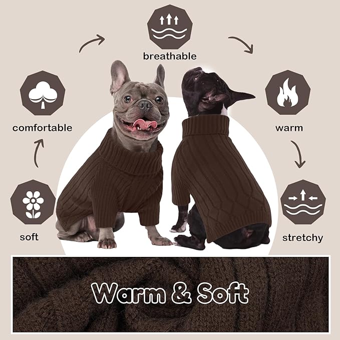 Medium Dog Sweater, Warm Winter Dog Sweaters, Turtleneck Dog Knitwear, Doggie Christmas Sweater, Pet Sweatshirt Clothes Knit French Bulldog, Beagle (Brown M)