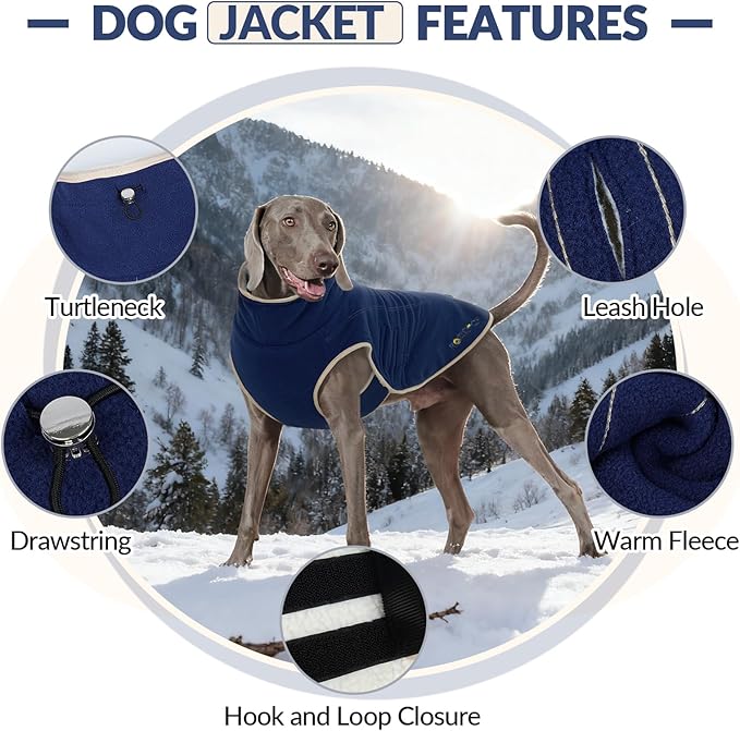 ROZKITCH Reversible Big Dog Sweater for Large, Thick Dog Vest Fleece Sherpa Sweater, Adjustable Double-Sided Plush Sweatshirt for Outdoor Hiking Climbing Walking Large Breeds DarkBlue 2XL