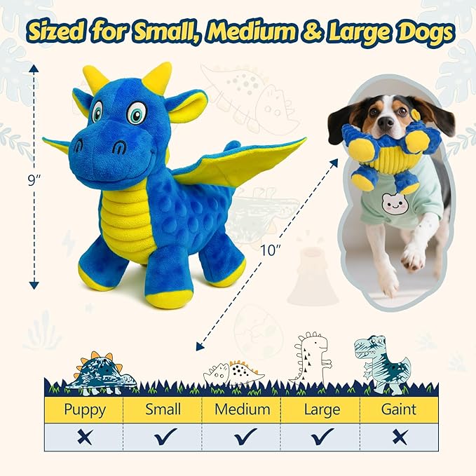 Squeaky Dog Toys - Soft Plush Dragon Dog Toy with 5 Squeakers & Crinkle Paper, Dog Toys for Small, Medium and Large Dogs (Blue,10")