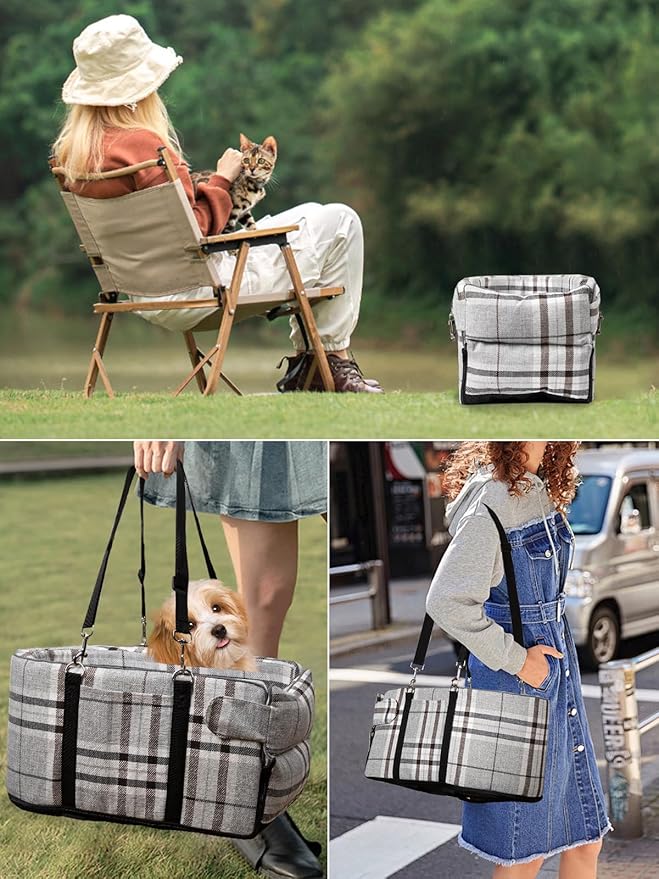 Small Dog Car Seat, Portable Dog Seat with Soft Washable Cushion,Center Console Dog Car Seat for Small Dogs Up to 13lbs(Grid Grey)