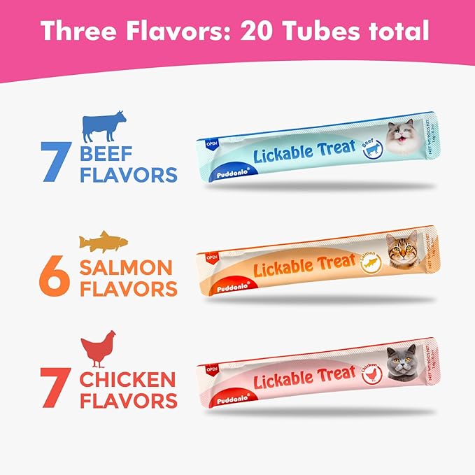 Puddonio High-Meat Lickable Cat Treats, Grain & Gum Free, No Additives, All-Natural High Protein Puree, 0.5oz Tubes (Pack of 20)