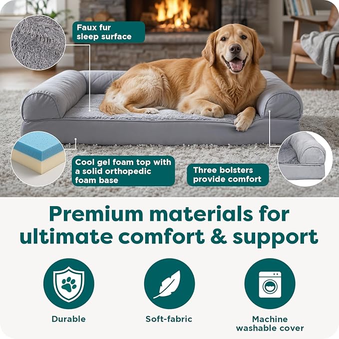 FurHaven Orthopedic Dog Bed for Large Dogs, Sofa-Style with Cooling Gel topper with orthopedic memory foam base for Joint Support, Removable Washable Cover, Jumbo/XL, Plush & Suede, Gray