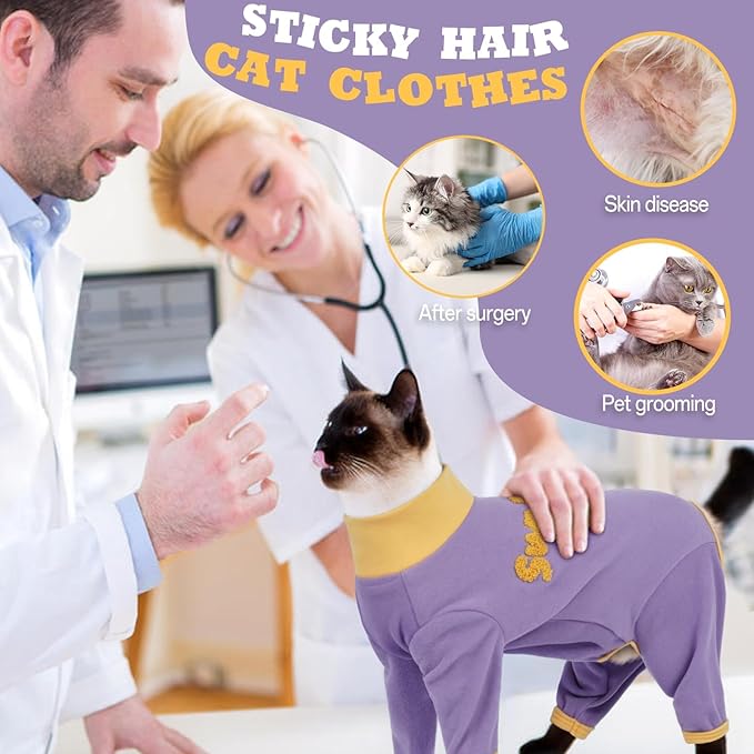 T'CHAQUE Sticky Hair Cat Onesie Pajamas, Soft Long Sleeve Cat Clothes, Anti-Shedding, Surgery Recovery Suit, Wound Protection & Preventing Licking, Kitten Sweaters for Male & Female, Purple-XS