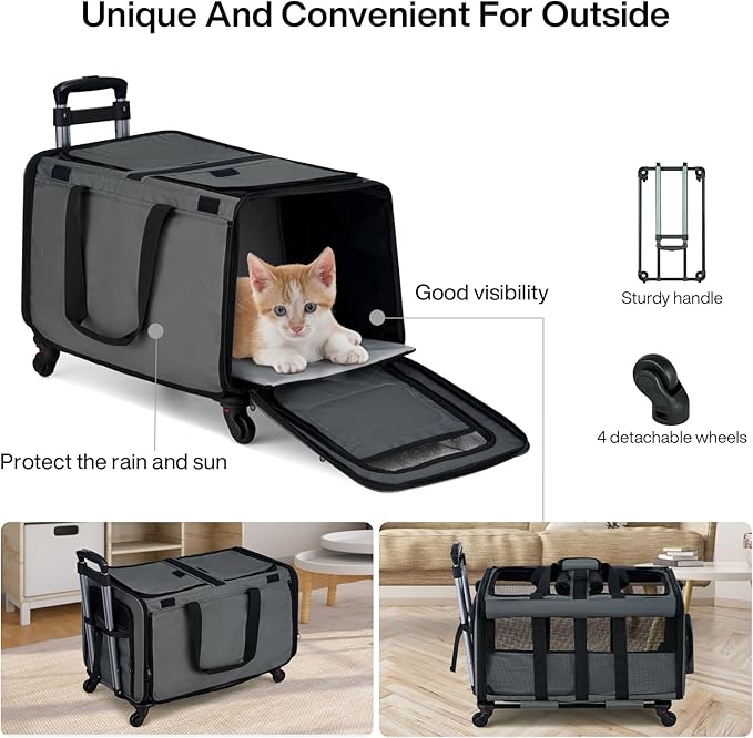 MILADA Large Cat Carrier for 2 Cats, Soft Big Pet Carrier with Wheels, Double Cat Carrier on Wheels, Rolling Pet Carrier for Travel Hiking Shopping and Camping（Not for Air Travel）, Grey