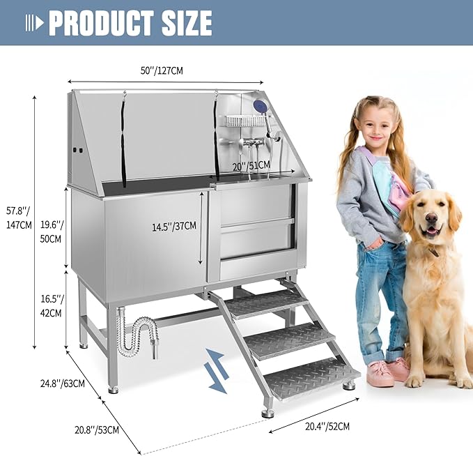 Stainless Steel Dog Washing Station For Large Dogs, Dog Grooming Tub For Home, Professional Dog Bathtub Bathing Station, Pet Wash Station, Dog Shower Tub With Stairs, Drain & Door