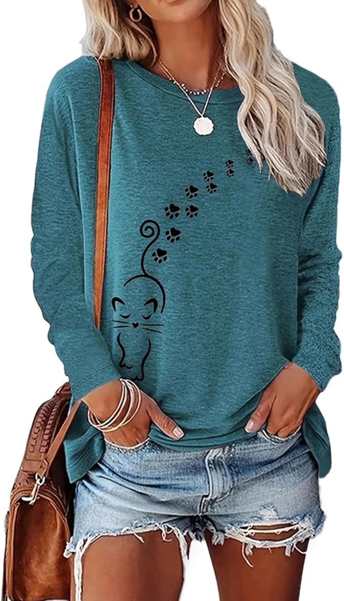 Women's Long Sleeve tees Cat Mom Graphic Tee Shirts Womens Graphic t Shirts Pullover Tops