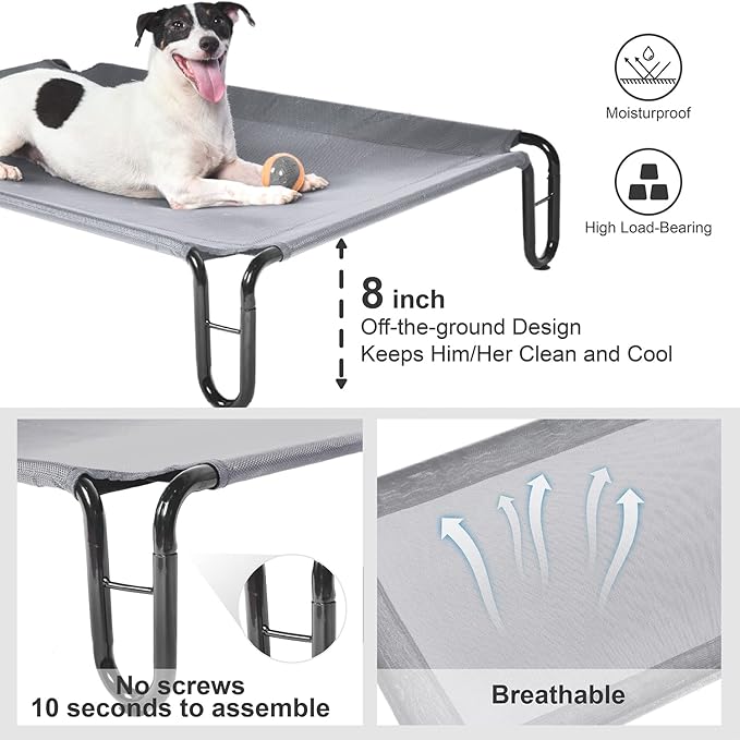 pettycare Elevated Outdoor Dog Bed - Raised Dog Cot for Large Dogs, Waterproof Pet Cot Bed Easy to Assemble, Cooling with Breathable Teslin Mesh, Durable, Non Slip, Up to 65 lbs,Grey