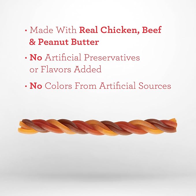 Dreambone Triple Flavor Twisties Chews for Dogs, 25 Count, Treat Your Dog to Rawhide-Free Chews Made with Real Chicken, Beef and Peanut Butter