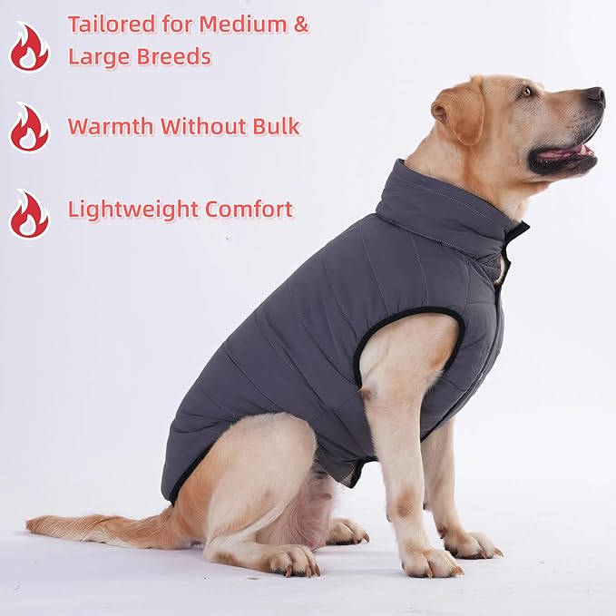 LovinPet Reversible Dog Puffer Coat for Medium & Large Dogs, Down‑Insulated Winter Jacket, Water‑Resistant & Wind‑Resistant, Anti‑Static, Dual-Sided Black & Grey for Cold Weather,XL