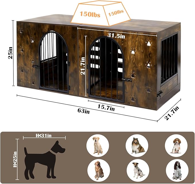 Dog Crate Furniture for 1 or 2 Dogs, Heavy Duty Single/Double Dog Kennel with Bowls, Farmhouse Wood Metal Dog Cage for Small/Medium/Large Dogs, Brown