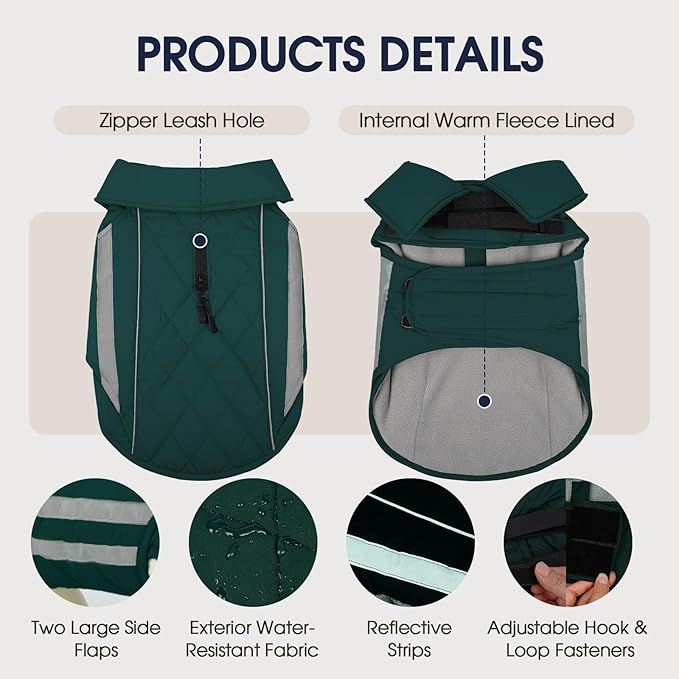 IECOii Dog Winter Coat - Waterproof & Windproof Hunting Vests Reflective Dogs Coats Winter, Adjustable & Fleece Lined Snow Jackets for Large Breeds, Pitbull Outdoor Vest Jacket, Green, Sizes XL