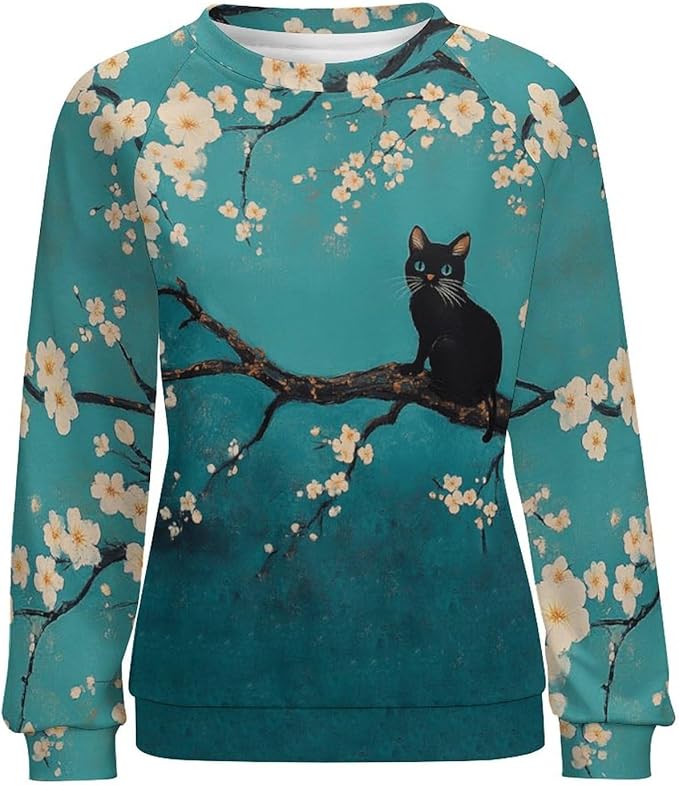 Womens novelty funny cat printed crewneck sweatshirt casual loose long sleeve graphic pullover sweatshirts tops
