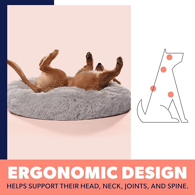 Active Pets Calming Plush Dog Bed Donut Joint Support Anxiety Relief Washable Pet Bed with Removable Cover for Dogs Cats, Large 36", Light Grey