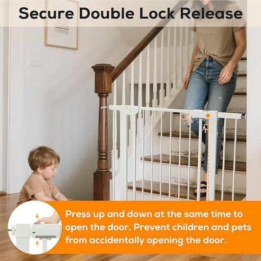 29.5-40.6" Baby Gate for Stairs, Pressure Mounted Dog Gate Indoor, Auto Close Pet Gate for Doorways No Drilling, Easy Install Baby Essentials with Large Walk Thru Door, White