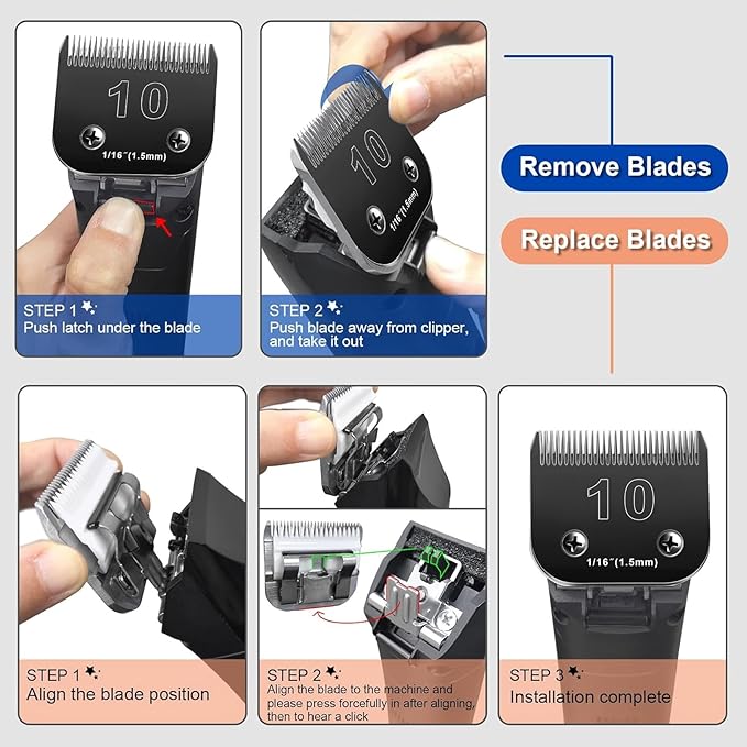 Audoc 10 Blades Dog Grooming Blades Compatible with Andis/Oster A5/Wahl KM-10 Series Dog Clippers,Detachable Clipper Replacement Blade,Black (5PCS Black-#10+30+4FC+5FC+7FC)