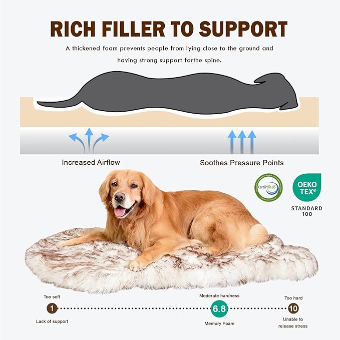 50"×30"×2" Luxury Fluffy Faux Fur Warming Dog Bed, Ultra Soft Plush Pet Rug, Washable Cozy Pad with Non-Slip Bottom, Orthopedic Supportive Sleeping Mat for Medium & Large Dogs