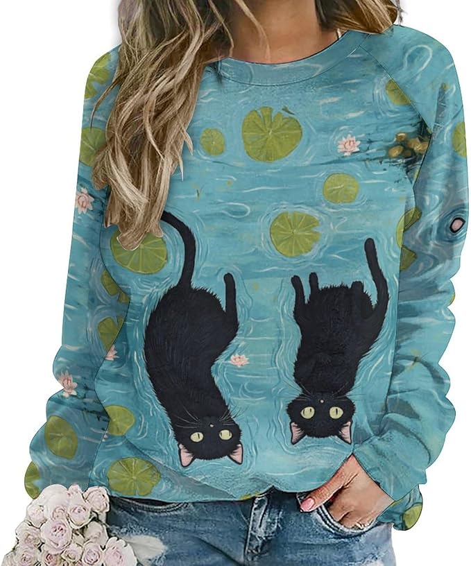 Womens novelty funny cat printed crewneck sweatshirt casual loose long sleeve graphic pullover sweatshirts tops