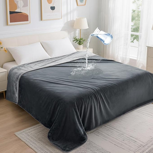 LOOBANI Waterproof Blanket for Bed: Reversible Soft Flannel Twin Bed Blanket 60" x 80", Leakproof Throw Spill-Proof Dog Pet Blanket for Couch, Sofa Protect, Movie Time, Camping, Travel, Grey
