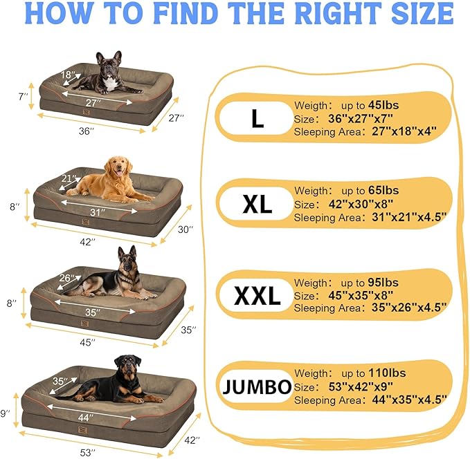 Washable Orthopedic Large Dog Bed -XL Large Dog Bed with Removable & Waterproof Cover Pet Beds with Foam Support for Big Size Dogs with Bolster