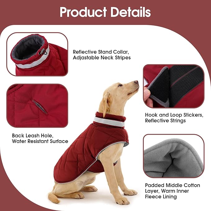 Dog Winter Coat Warm Padded Puppy Jacket Windproof Water Resistant Clothes for Small Medium Large Pets Christmas Sweater Outfit Vest(Red, XL)