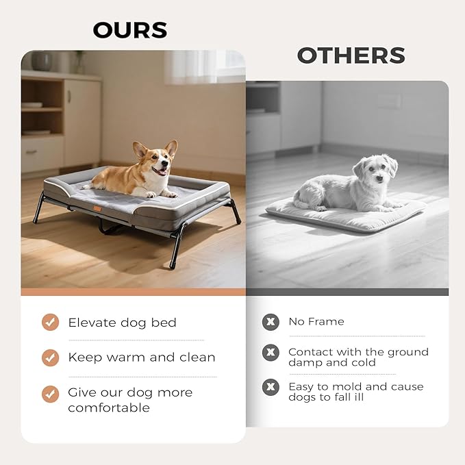 Lekereise Raised Dog Bed for Medium Dog 42x29 Inch, Orthopedic Pet Beds with Waterproof Egg Crate Foam, Removable Dogs Couch Bed for Indoor Outdoor, 2-in-1 Design, Load 70lb, Grey