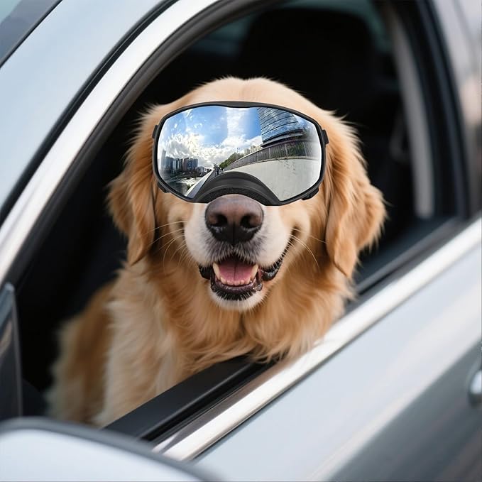 PETLESO Dog Goggles for Medium to Large Breed, UV Protection Dog Sunglasses Wide Version Windproof Eye Wear for Outdoor Driving/Riding/Hiking, Adjustable, Silver Mirror Lens