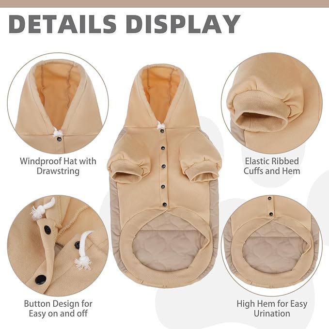 KOOLTAIL Warm Dog Winter Coat for Small Dogs, Waterproof Puppy Jacket with Leash Hole, Cold Weather Pet Vest for Winter, Soft Pet Hoodie Sweater Sweatshirt Clothes for Puppy Cats Girls Boys Beige L