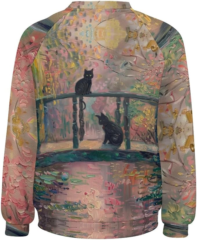 Womens novelty funny cat printed crewneck sweatshirt casual loose long sleeve graphic pullover sweatshirts tops
