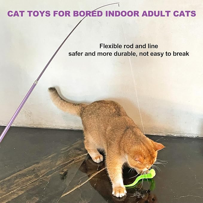 ZeyZoo Cat Toys for Indoor Cats, 11PCS Interactive Cat Toy Wand Pack, 2 Retractable Cat Wand & 7PCS Worm Teaser Refills, Plush Fish Kitten Toys, Cat Feather Fishing Pole Toy for Play Chase Exercise
