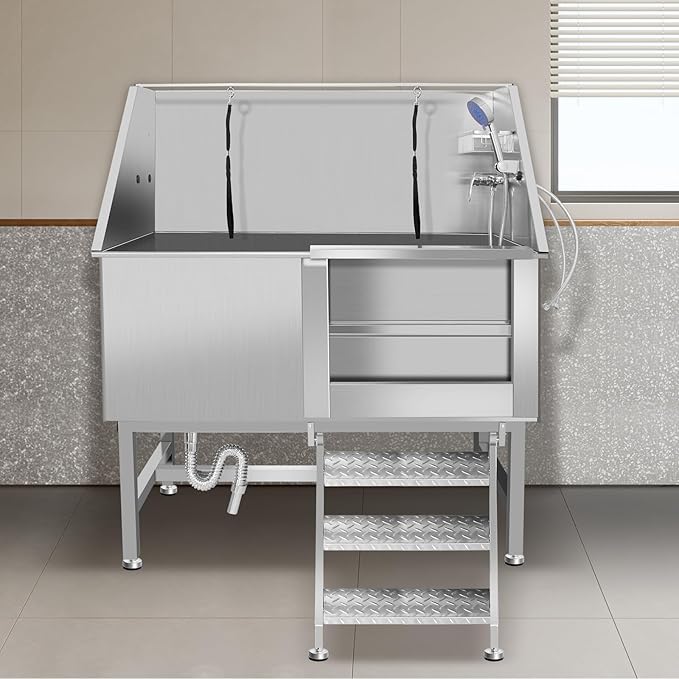 Stainless Steel Dog Washing Station For Large Dogs, Dog Grooming Tub For Home, Professional Dog Bathtub Bathing Station, Pet Wash Station, Dog Shower Tub With Stairs, Drain & Door