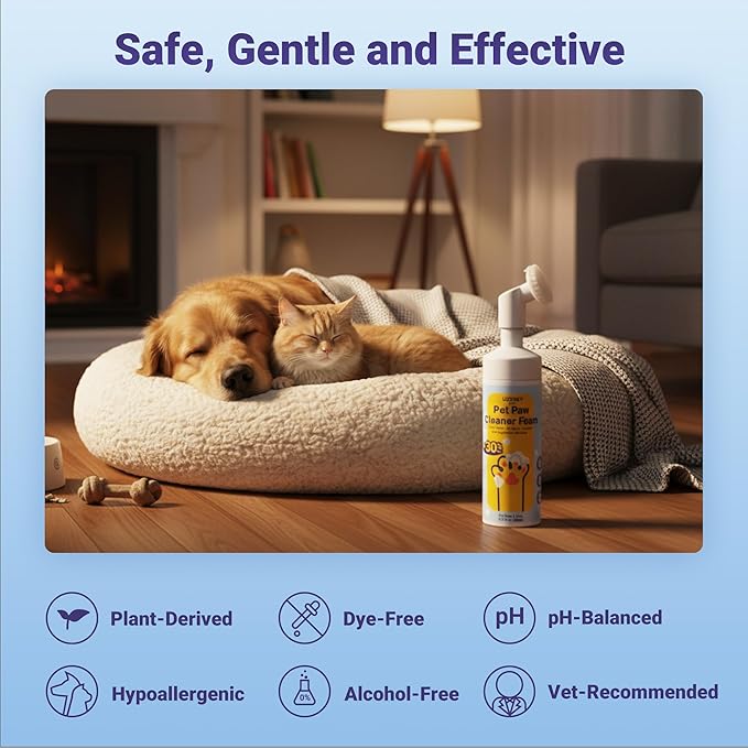 Paw Cleaner for Dogs and Cats, No-Rinse Puppy Paw Washer, Larger Volume Dog Foot Foaming Cleanser with Scrubber Brush for Dirty and Muddy Paw, Hypoallergenic Ingredient, 6.8 fl.oz