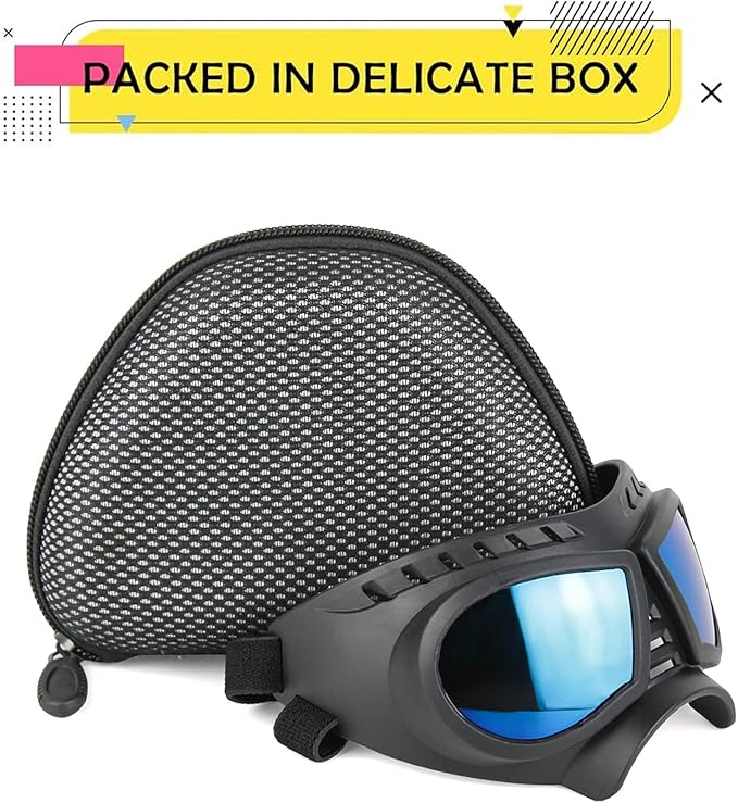 PETLESO Dog Goggles for Small to Medium Breeds, Small Dog Sunglasses UV Protection Windproof Snowproof, Outdoor Driving/Riding/Hiking Pet Eyes Protection, Soft Frame Adjustable Straps, Blue Lens