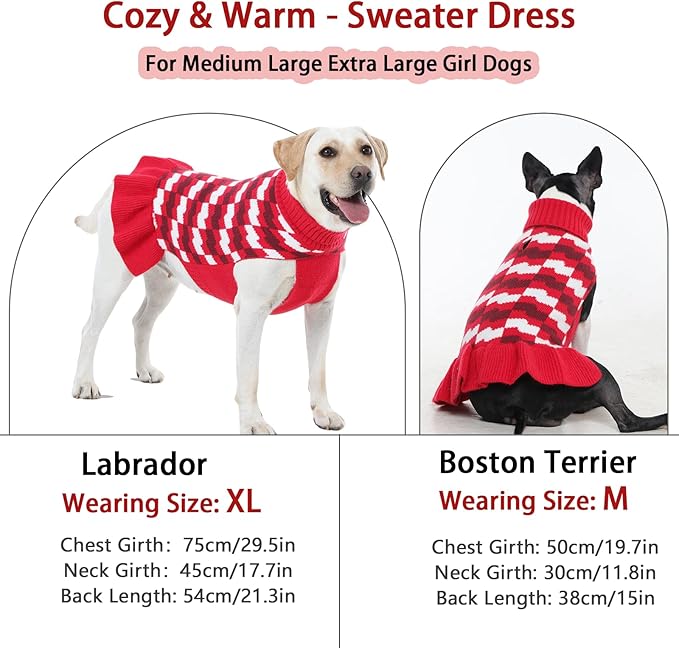 Girl Dog Sweater Dress for Small Medium Dogs,Dog Sweater Dress with Leash Hole, Thick Turtleneck Knitwear for Female Dogs, Cute Warm Fall Winter Pet Knitted Dress for Cold Weather, Christmas-M