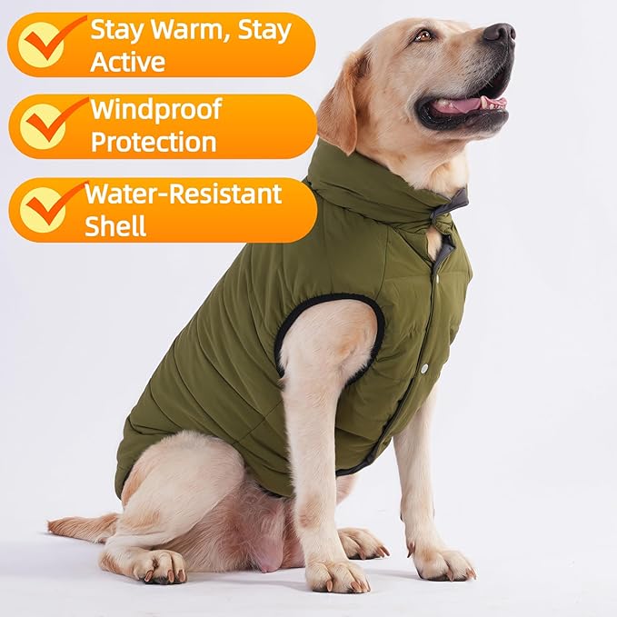 LovinPet Reversible Dog Puffer Coat for Medium & Large Dogs, Down‑Insulated Winter Jacket, Water‑Resistant & Wind‑Resistant, Anti‑Static, Dual-Sided Dark Green & Grey for Cold Weather,2XL