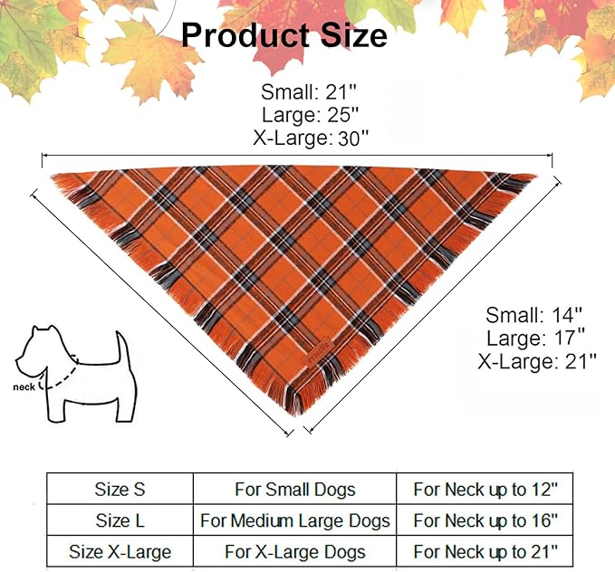 PTDECOR Fall Dog Bandanas with Tassels Edges, Orange and Brown Plaid Scarf Bib, Halloween Thanksgiving Autumn Pet Bandana, Reversible Triangle Bandanas for Small Dogs Puppies Cats(Small)
