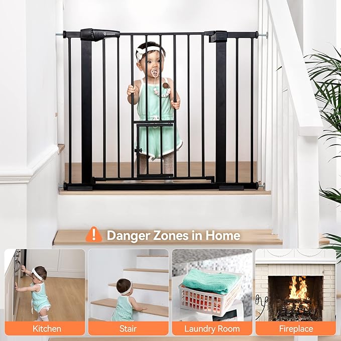 COMOMY Auto Close Baby Gate with Cat Door, 29.5"-40.5" Extra Wide Dog Gate for House Doorways Stairs, Pressure Mounted Easy Walk Thru Pet Gate, Includes 4 Wall Cups and 2 Extension Pieces, Black