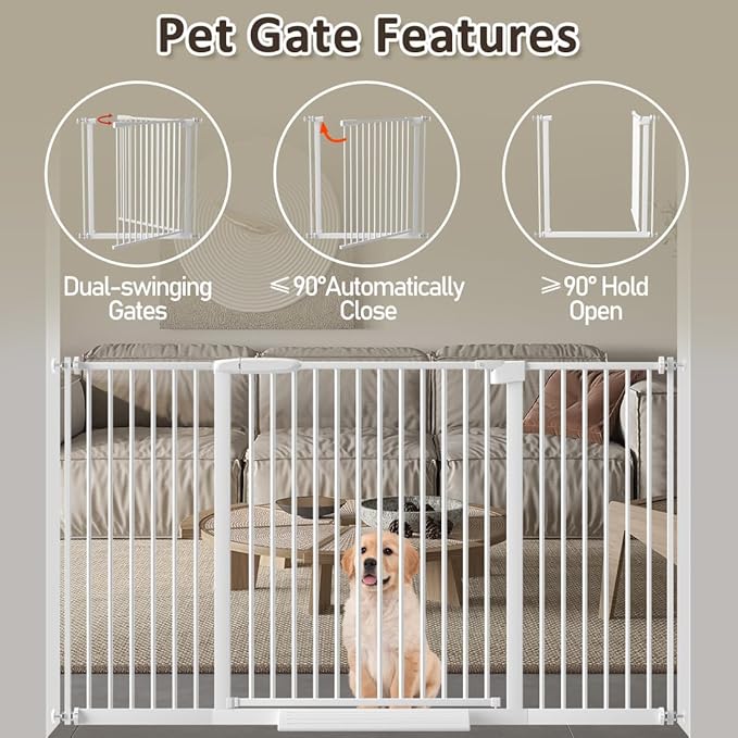 WAOWAO 1.37" Ultra Narrow Spacing Extra Wide Dog Pet Gate 45.86-53.74" Pressure Mounted Walk Through Double Lock Swing Auto Close Safety White Metal Toddler Baby Puppy Pet for Indoor,Doorway,Kitchen
