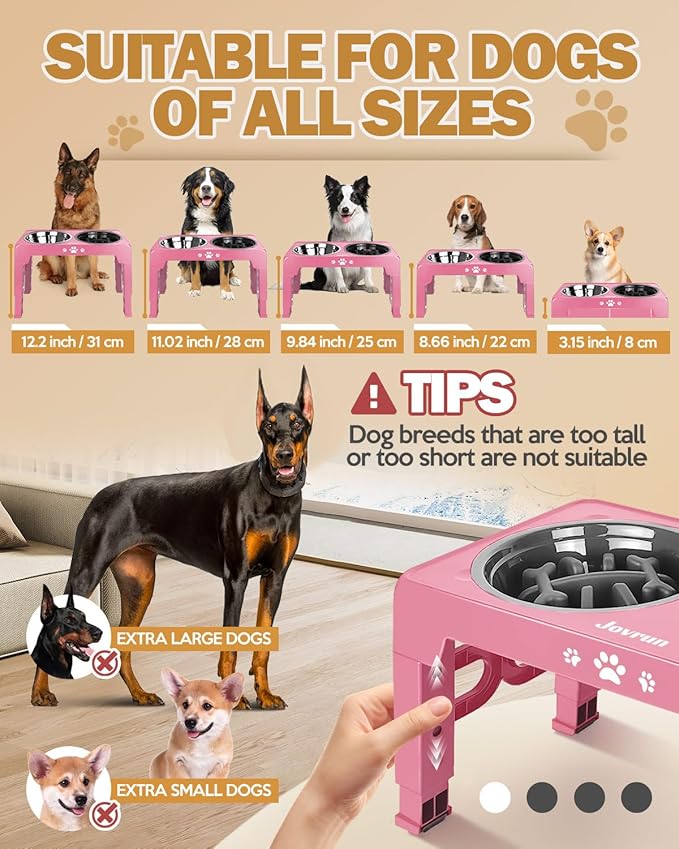 Elevated Dog Bowls, Dog Feeder with Stainless Steel Dishes & Slow Feeder Bowl, 5 Heights Adjustable Raised Stand for Medium Large, Food Dishes with Non-Slip Feet