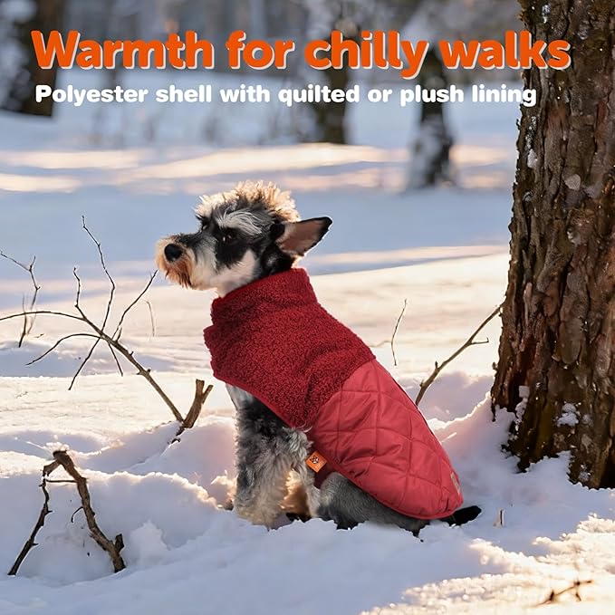 FOFOS Dog Winter Coat, Plush Dog Jacket with Leash Hole, Adjustable Warm Pet Snow Vest for Small Medium Dogs, Red, S