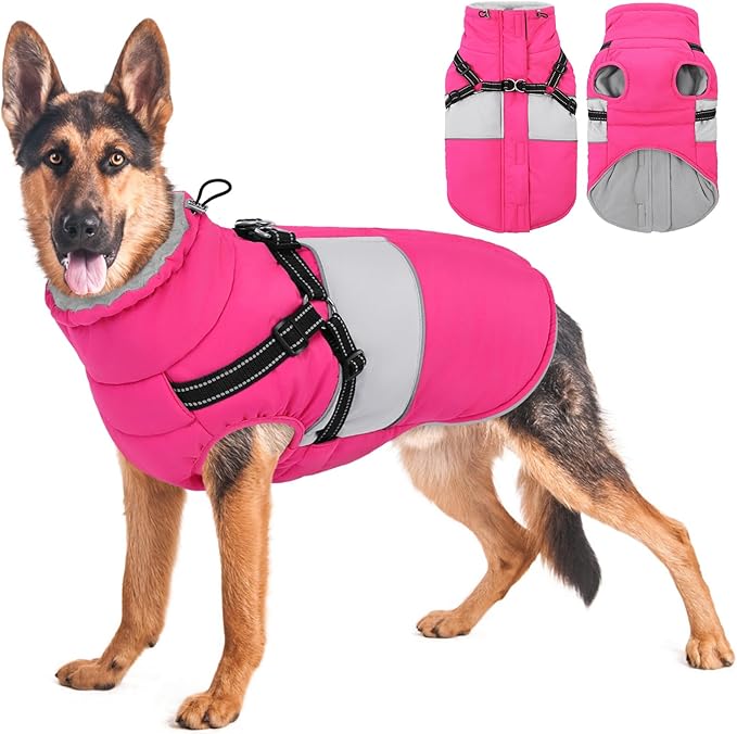 KOESON Large Dog Coat, Warm Dog Winter Coat Cold Weather Jacket with Built-in Harness and Reflective Straps, Windproof Pet Puffer Jacket Zip Up Fleece Vest for Pitbull, Husky, Hot Pink L